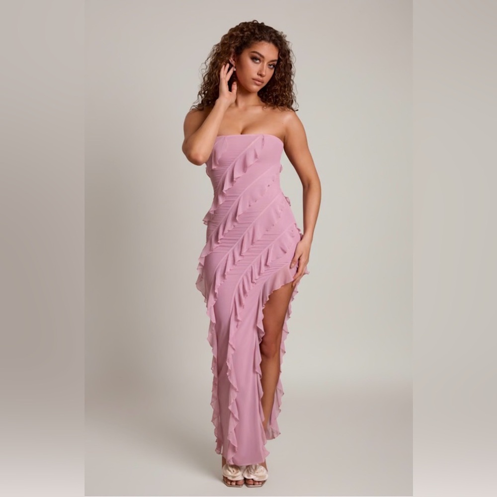 Oh Polly Nevali Bandeau Ruffle Detail Maxi Dress Dusty Pink size 12